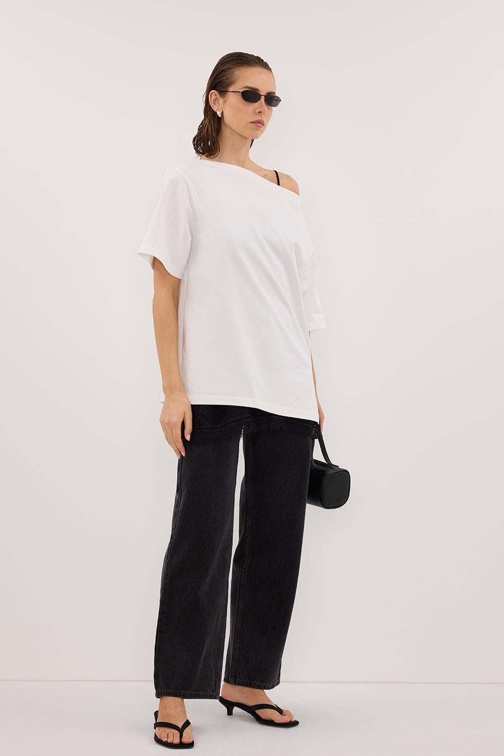 ESME WHITE ASYM BOAT NECK TEE