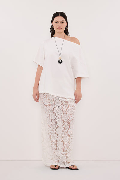 Jasmine wearing ESME WHITE ASYM BOAT NECK TEE
