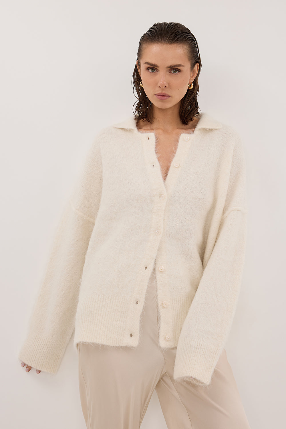 SALMA IVORY POLO NECK CARDIGAN – DISSH