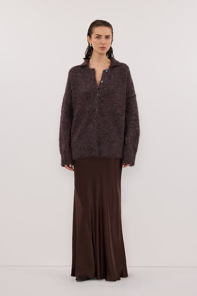 Stas wearing SALMA WINE POLO NECK KNIT CARDIGAN