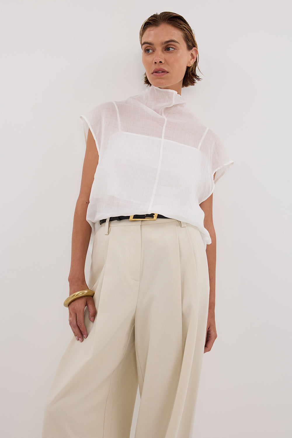 CARMEL WHITE RAMIE FUNNEL NECK TOP