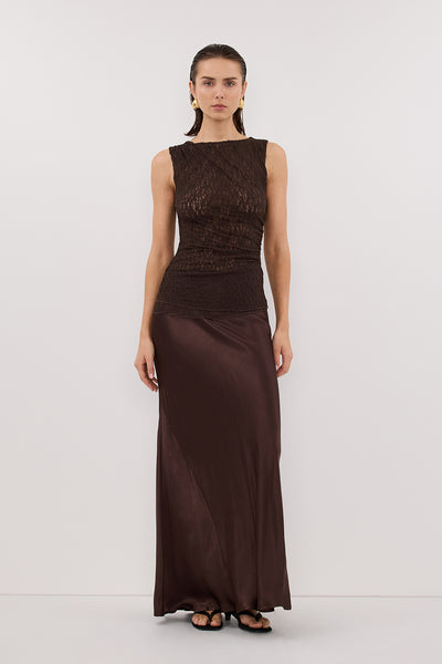 Stas wearing LIZZIE DARK CHOCOLATE SLEEVELESS LACE TOP