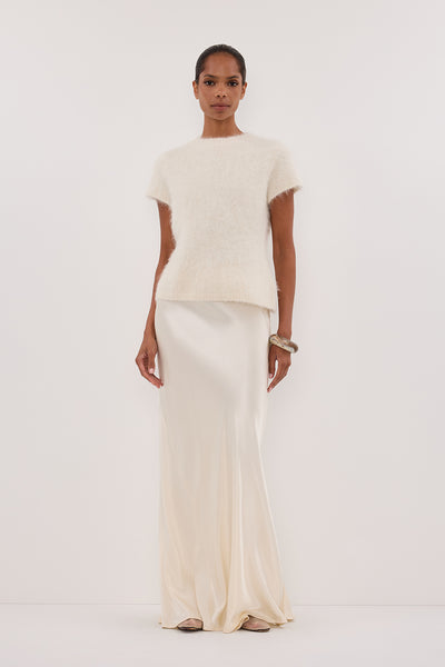 Kristen wearing SALMA IVORY CAP SLEEVE KNIT TOP