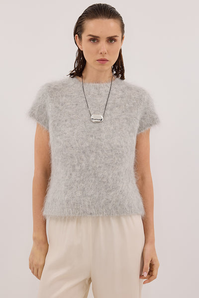 Rebecca wearing SALMA SILVER CAP SLEEVE KNIT TOP