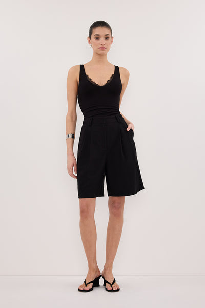 Aude wearing REBECCA BLACK LACE TRIM KNIT TANK