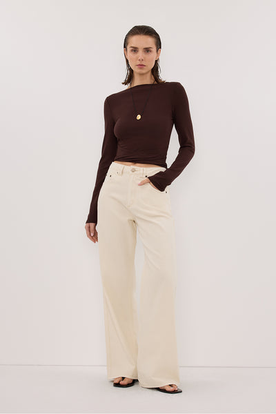 Stas wearing HADLEY CHOC LONG SLEEVE TWIST TOP