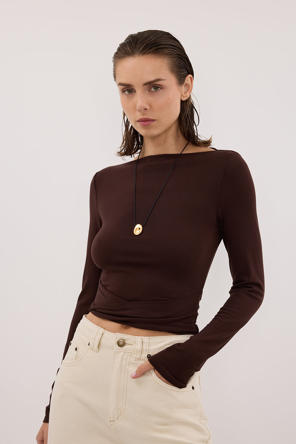 HADLEY CHOC LONG SLEEVE TWIST TOP