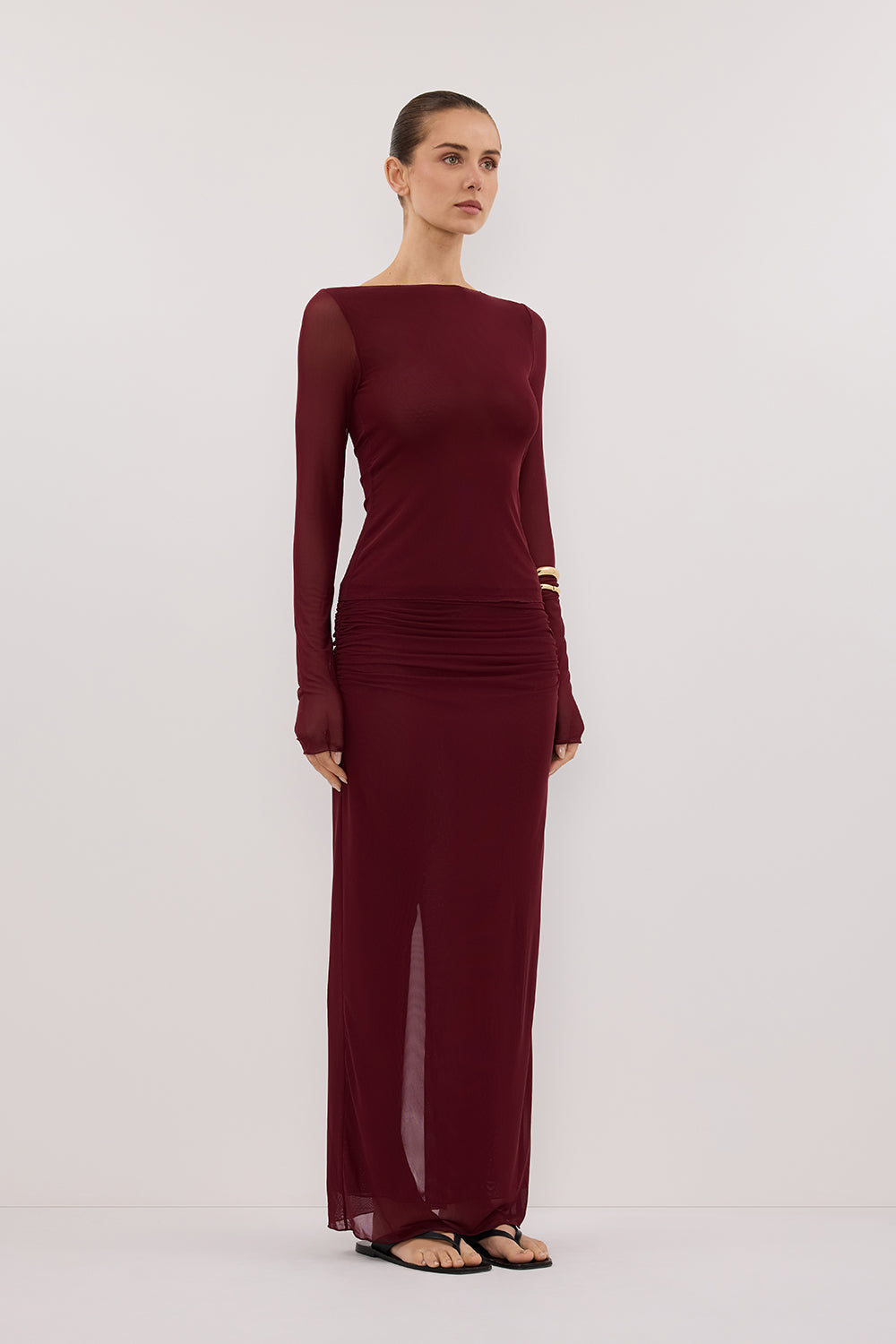 NYRA WINE LONG SLEEVE MESH TOP