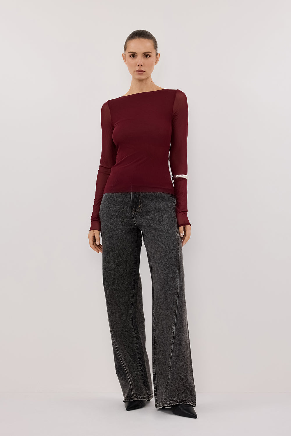 NYRA WINE LONG SLEEVE MESH TOP