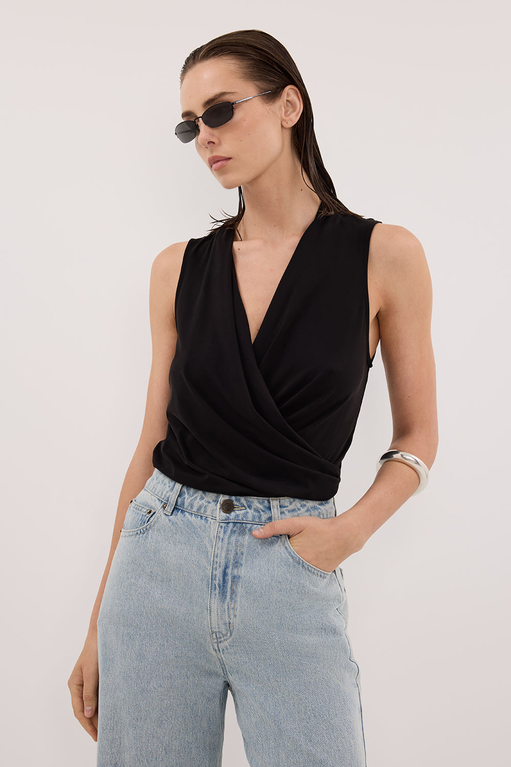 FELICITY BLACK SLEEVELESS WRAP TOP