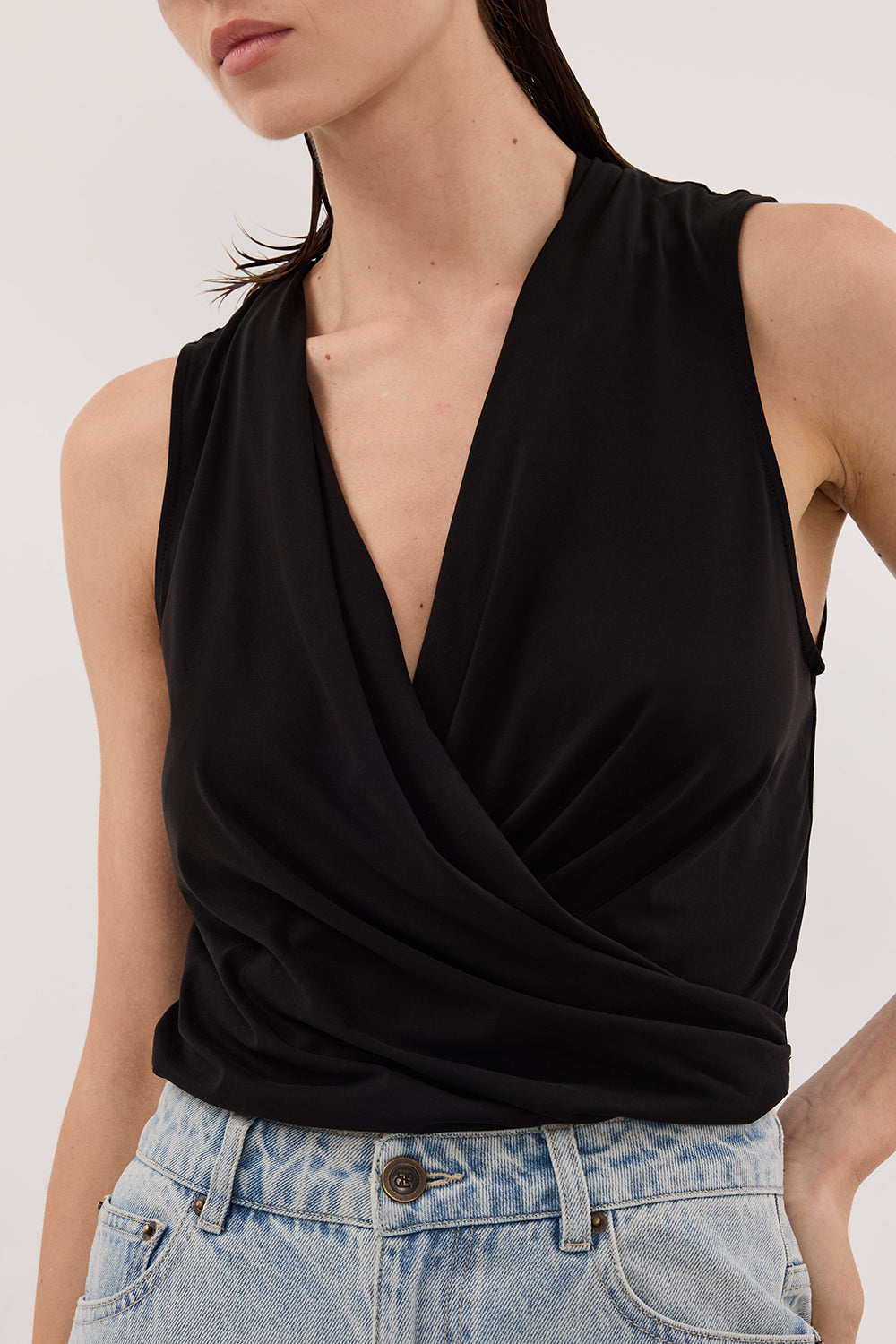FELICITY BLACK SLEEVELESS WRAP TOP