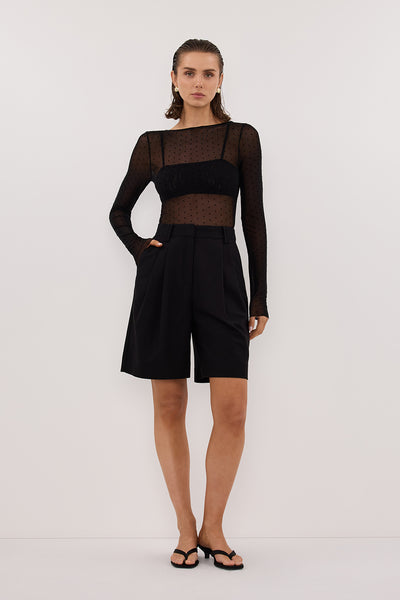 Stas wearing MAE BLACK MESH SPOT LONG SLEEVE TOP