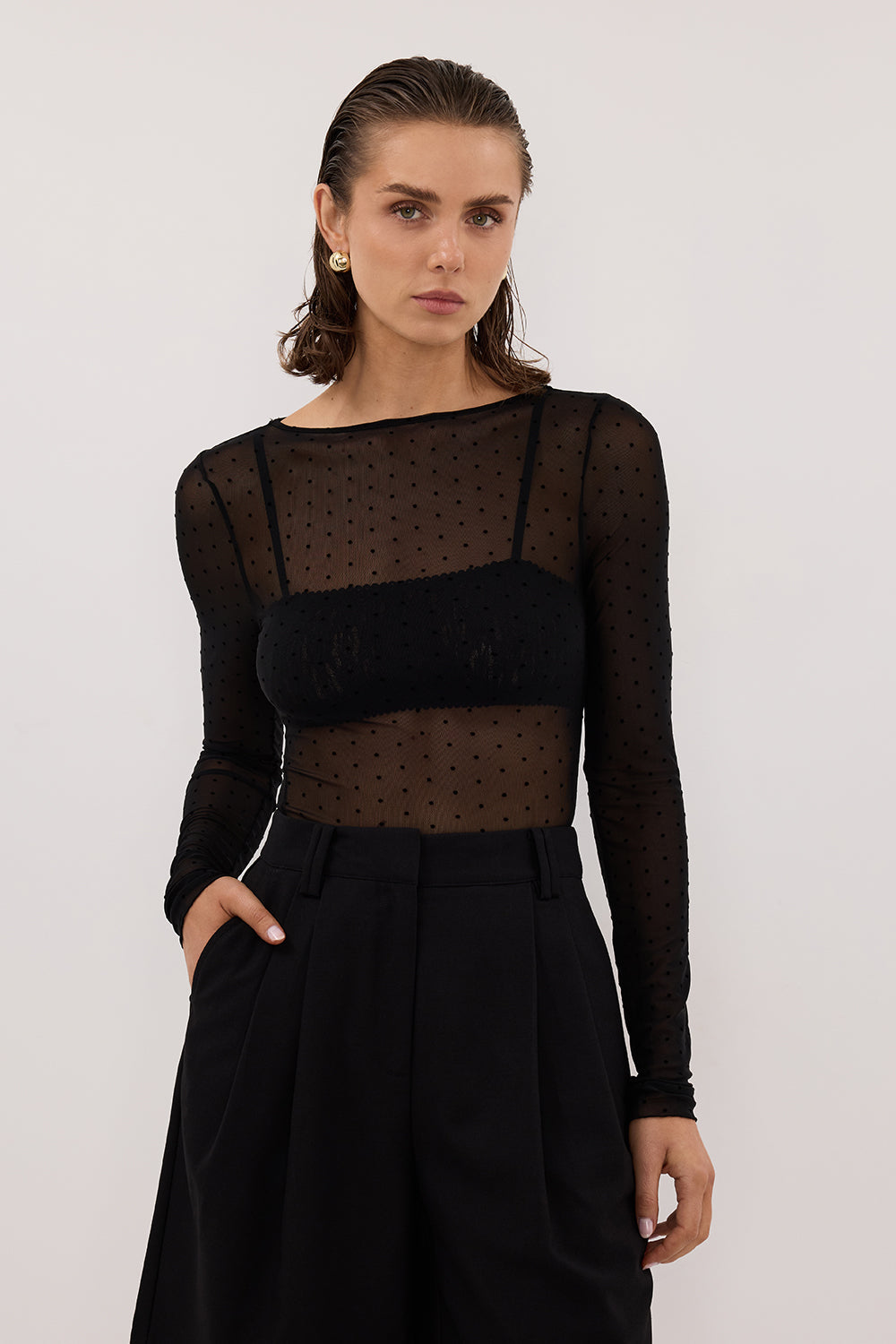 MAE BLACK MESH SPOT LONG SLEEVE TOP – DISSH