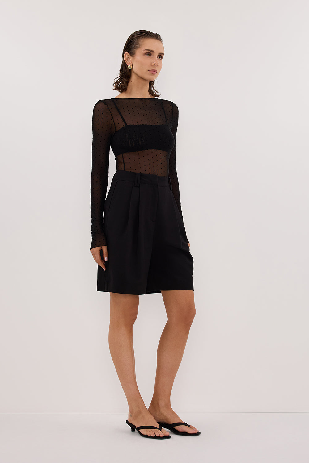black mesh top under dress MAE BLACK MESH SPOT LONG SLEEVE TOP