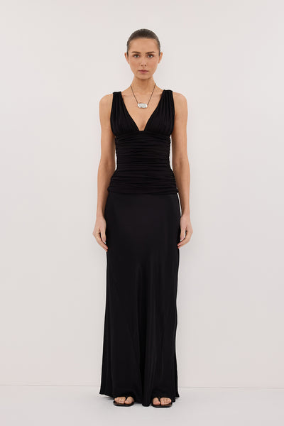 Stas wearing MAGNOLIA BLACK SLEEVELESS RUCHED TOP