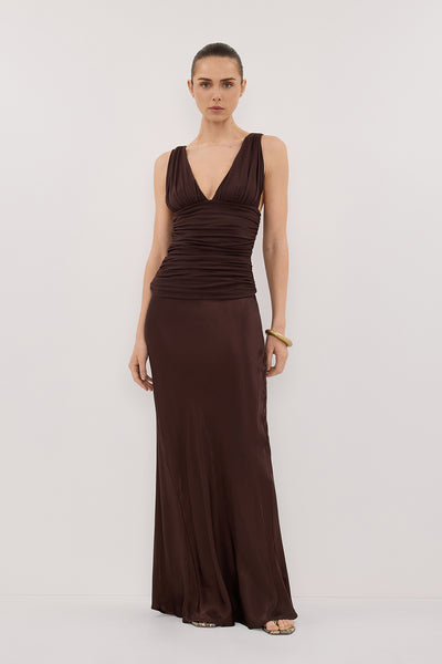 Stas wearing MAGNOLIA CHOC SLEEVELESS RUCHED TOP