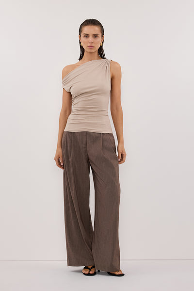 Stas wearing INEZ STONE ASYM KNIT TOP