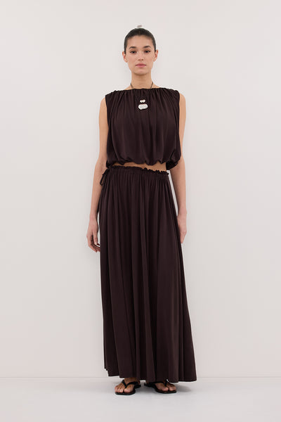 Aude wearing AVA BURNT CHOC SLEEVELESS MODAL BLEND TOP