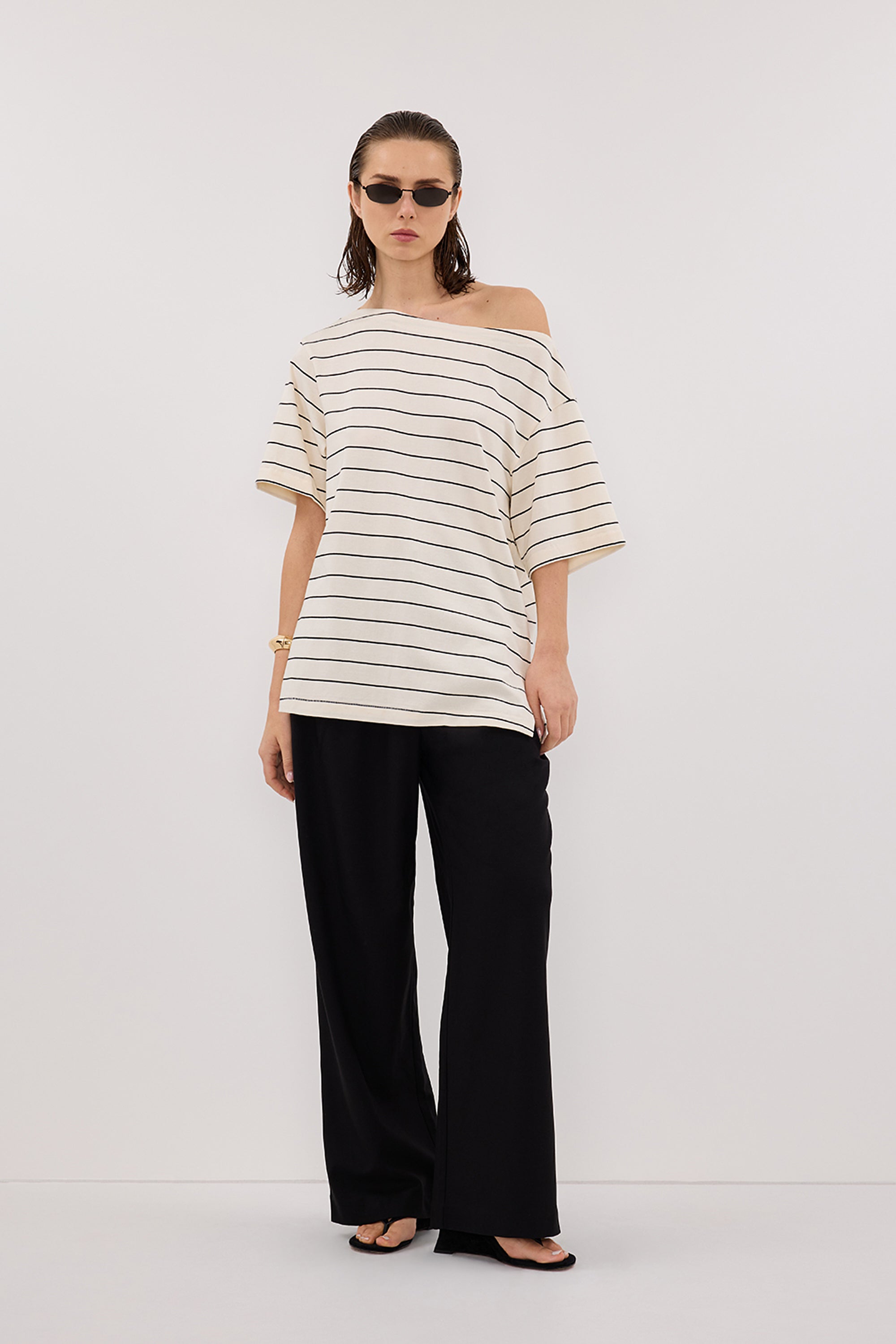 ESME OFF WHITE  STRIPE ASYM TEE
