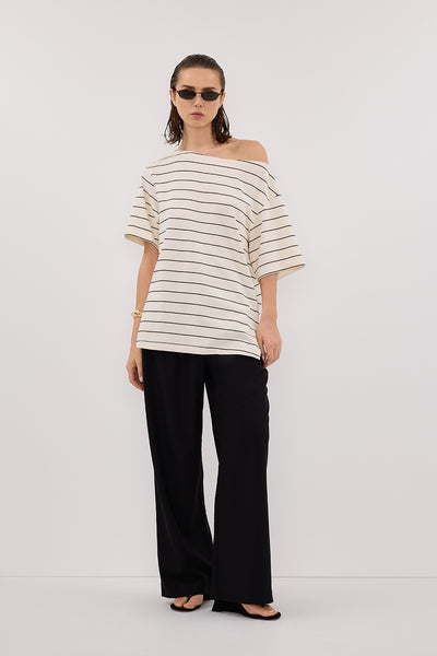 Stas wearing ESME OFF WHITE  STRIPE ASYM TEE