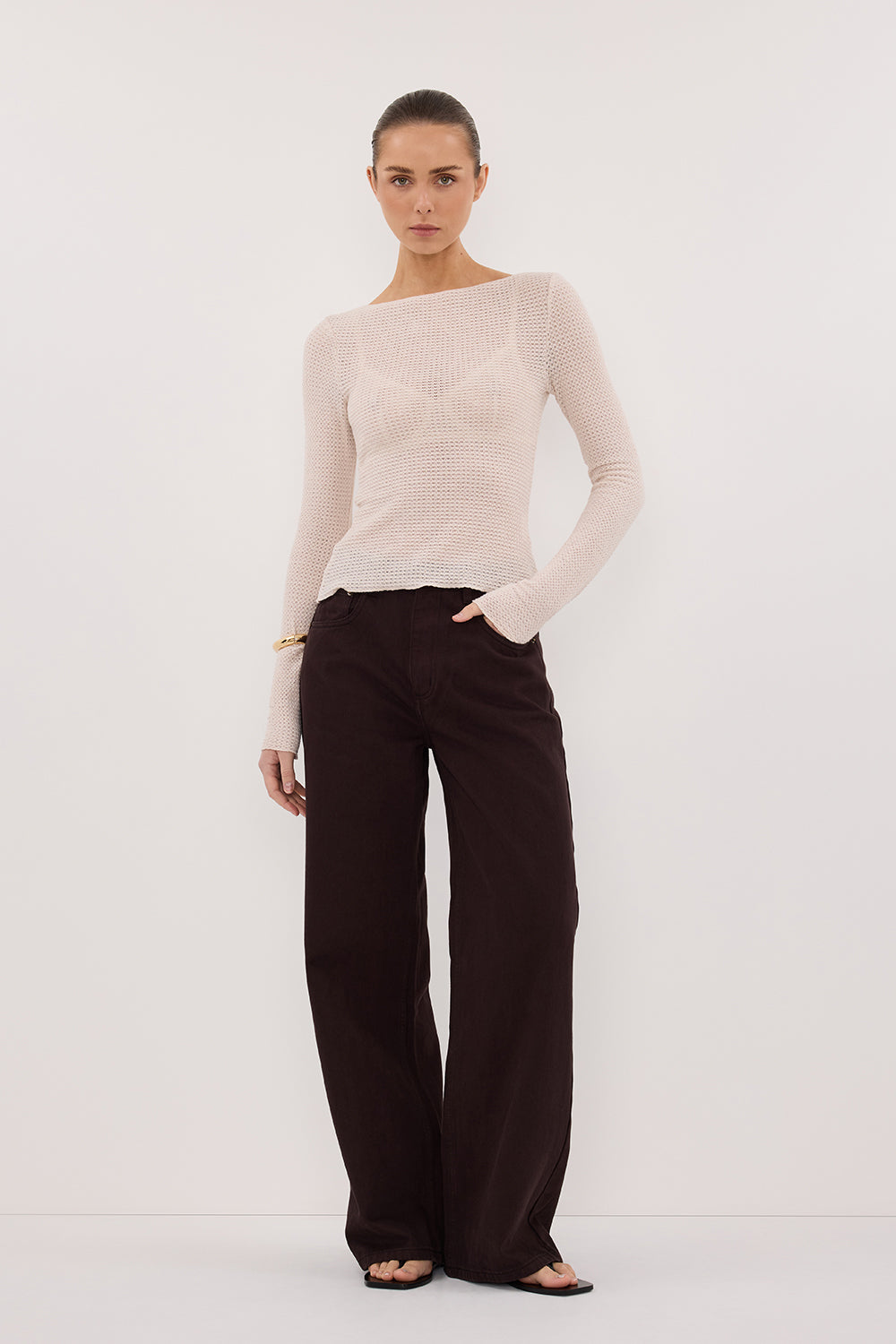 LILY STONE LONG SLEEVE BOAT NECK TEXTURED TOP
