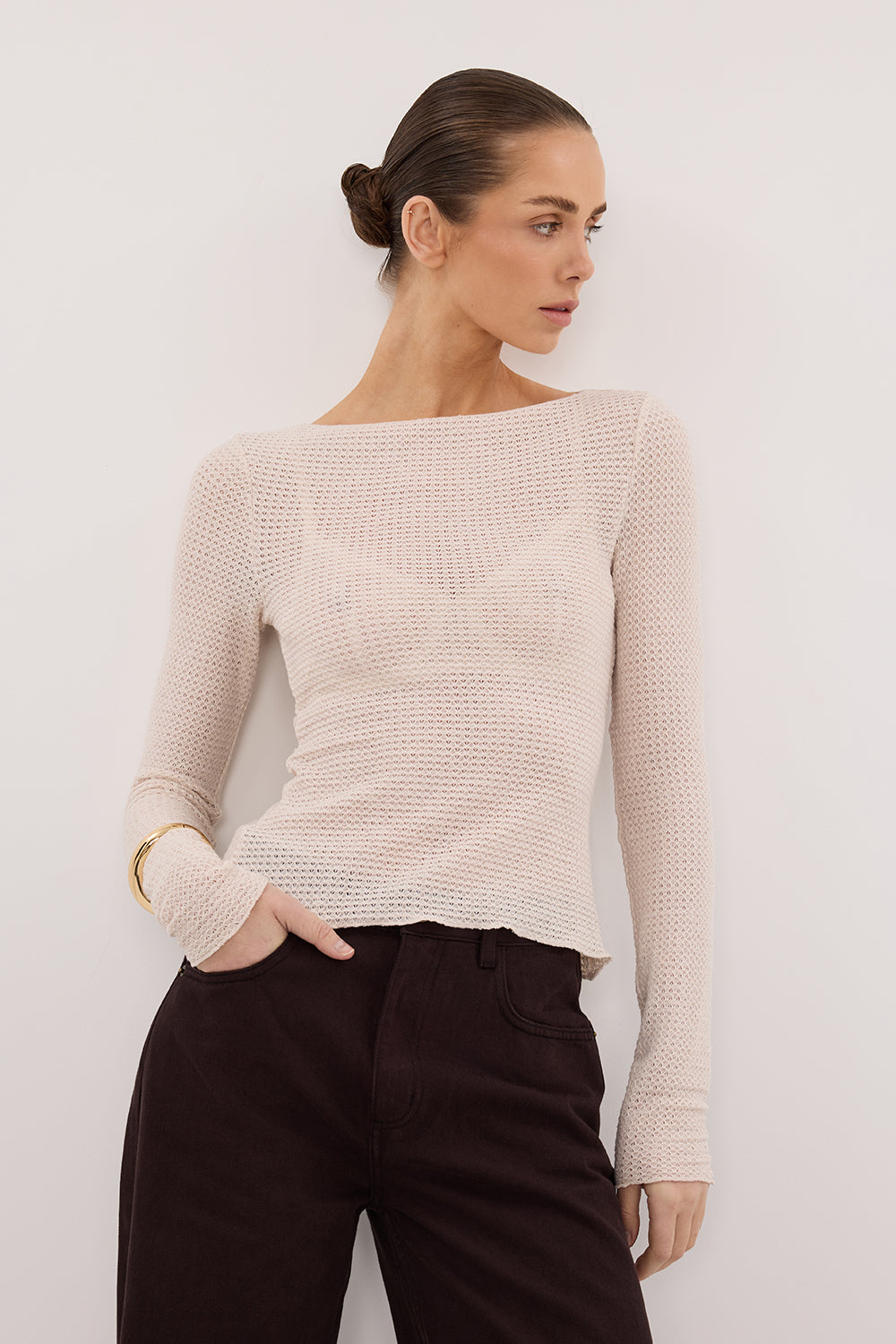 LILY STONE LONG SLEEVE BOAT NECK TEXTURED TOP