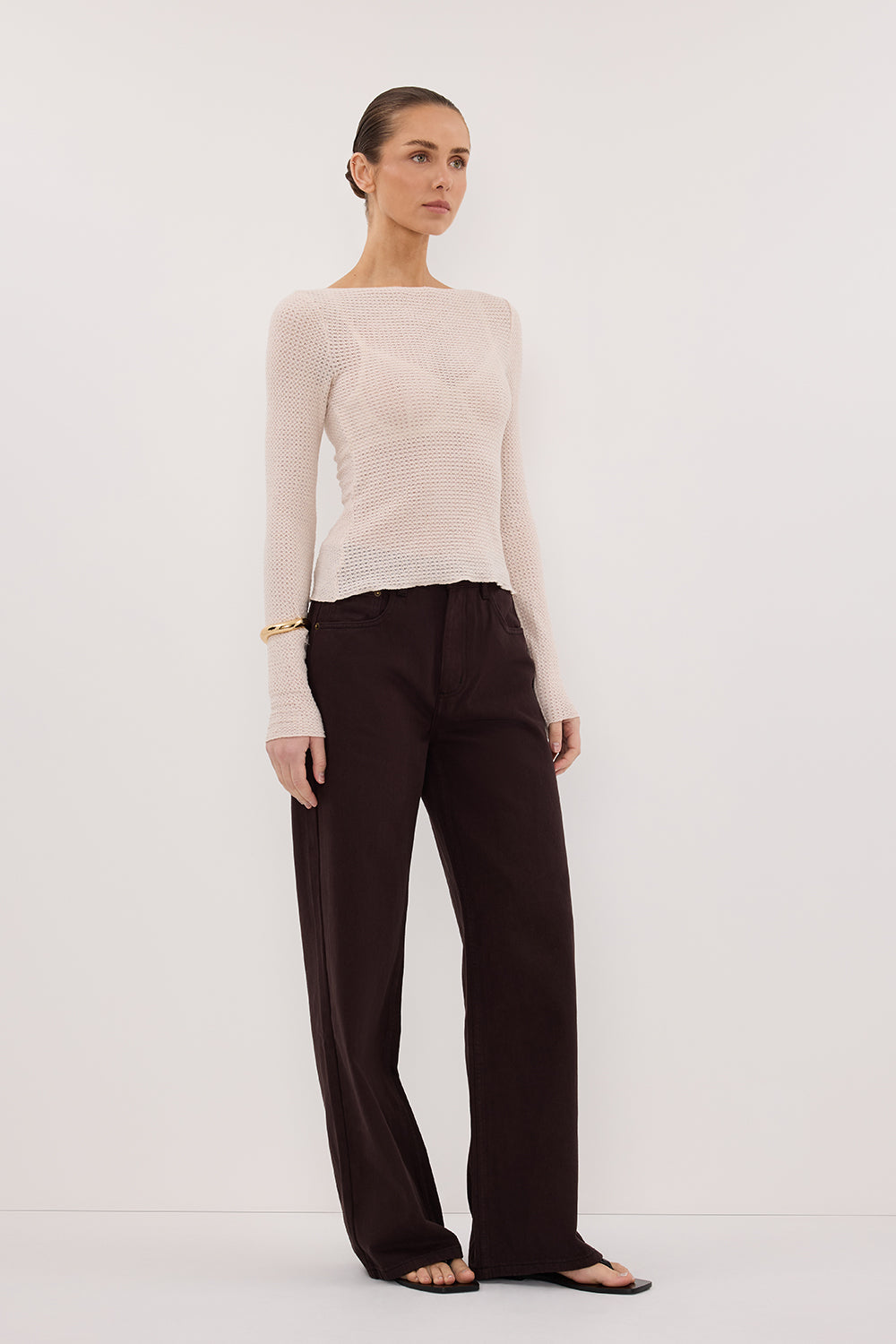 LILY STONE LONG SLEEVE BOAT NECK TEXTURED TOP