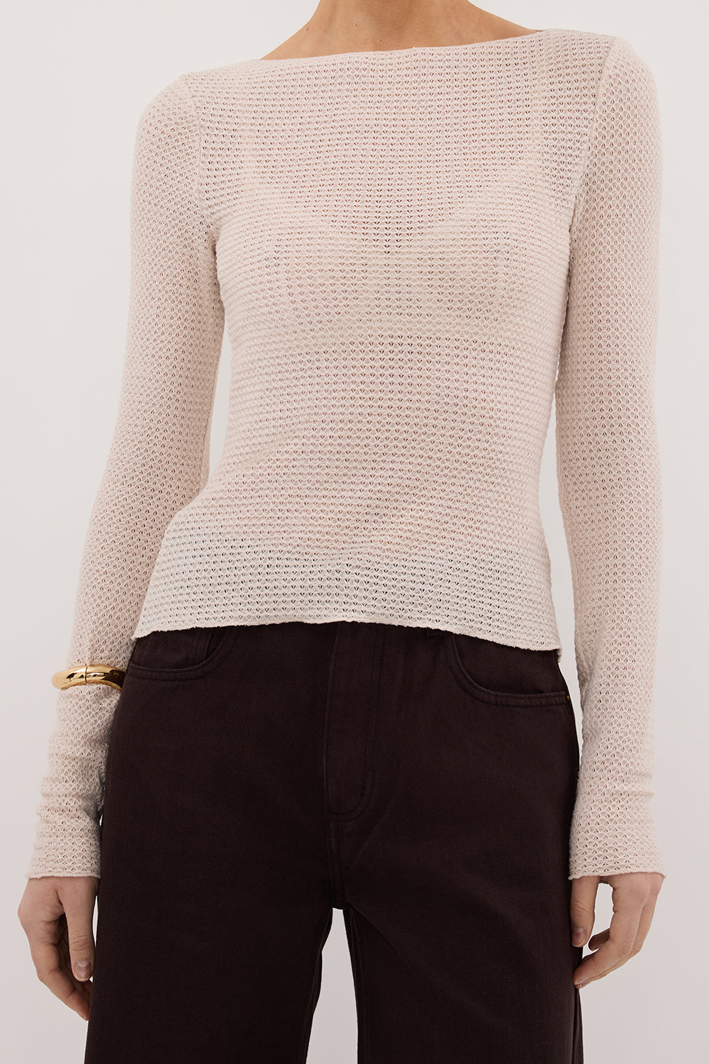 LILY STONE LONG SLEEVE BOAT NECK TEXTURED TOP