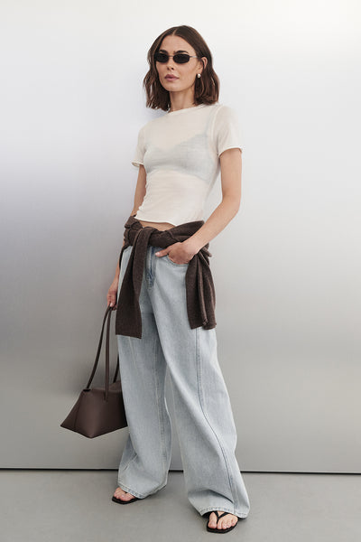 Bambi wearing TESS CHOC MARLE BOATNECK KNIT JUMPER