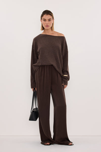 Joanna wearing TESS CHOC MARLE BOATNECK KNIT JUMPER