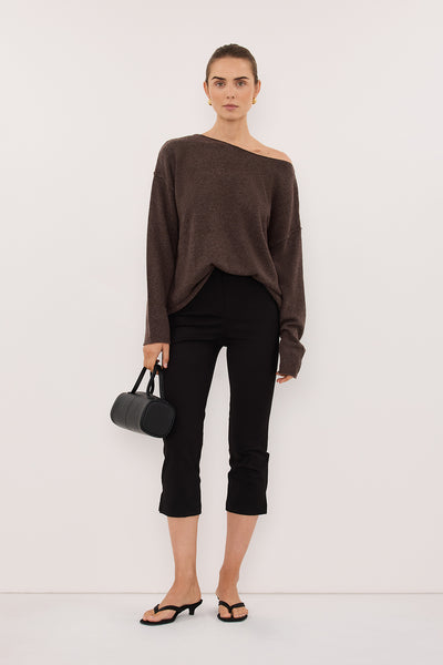 Bambi wearing TESS CHOC MARLE BOATNECK KNIT JUMPER