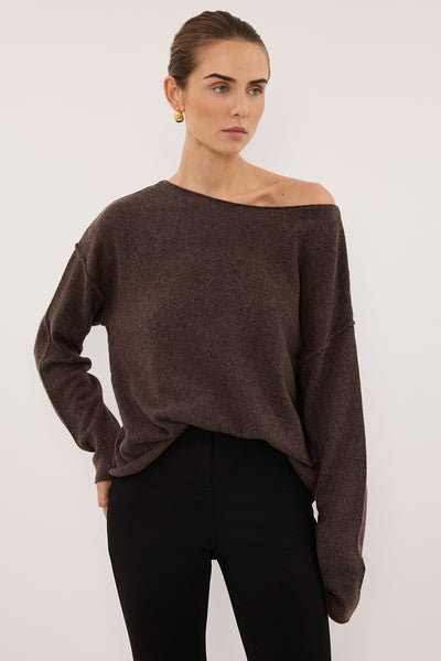 Stas wearing TESS CHOC MARLE BOATNECK KNIT JUMPER