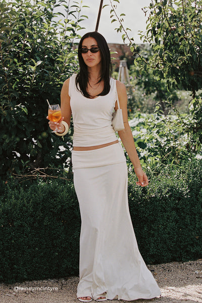 Kristen wearing JULIE OFF WHITE MODAL BLEND SLEEVELESS TANK TOP