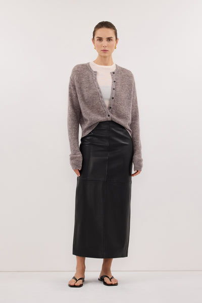 Stas wearing ONYX TAUPE MARLE KNIT CARDIGAN