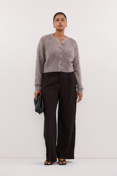 Amanda wearing ONYX TAUPE MARLE KNIT CARDIGAN