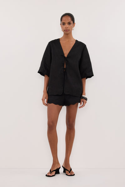 Kristen wearing LELA BLACK SHORT SLEEVE LINEN SHIRT