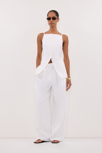 Kristen wearing VIV WHITE SLEEVELESS LINEN VEST