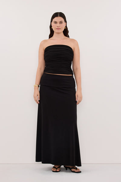 Jasmine wearing SHARI BLACK STRAPLESS BANDEAU TOP