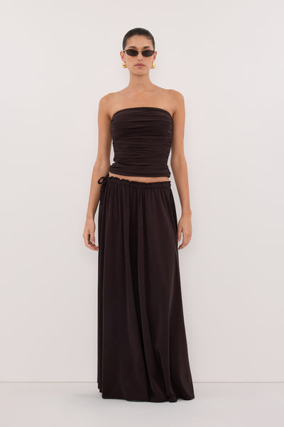 Aude wearing SHARI BURNT CHOC STRAPLESS BANDEAU TOP
