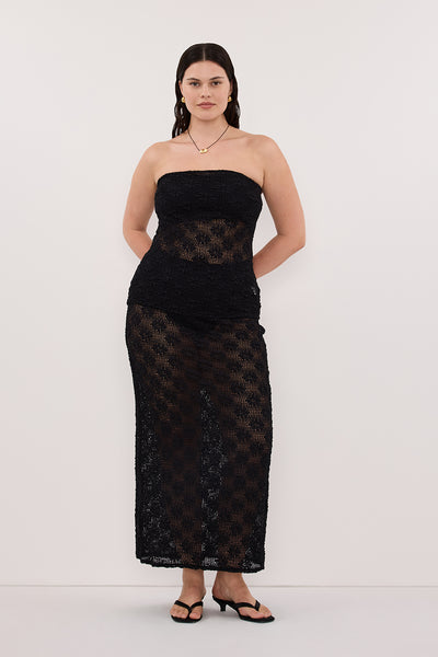 Jasmine wearing AGNES BLACK CROCHET BANDEAU TOP