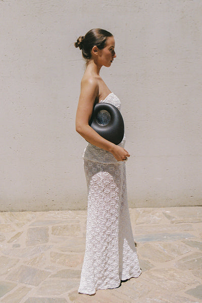 Stas wearing AGNES WHITE CROCHET BANDEAU TOP