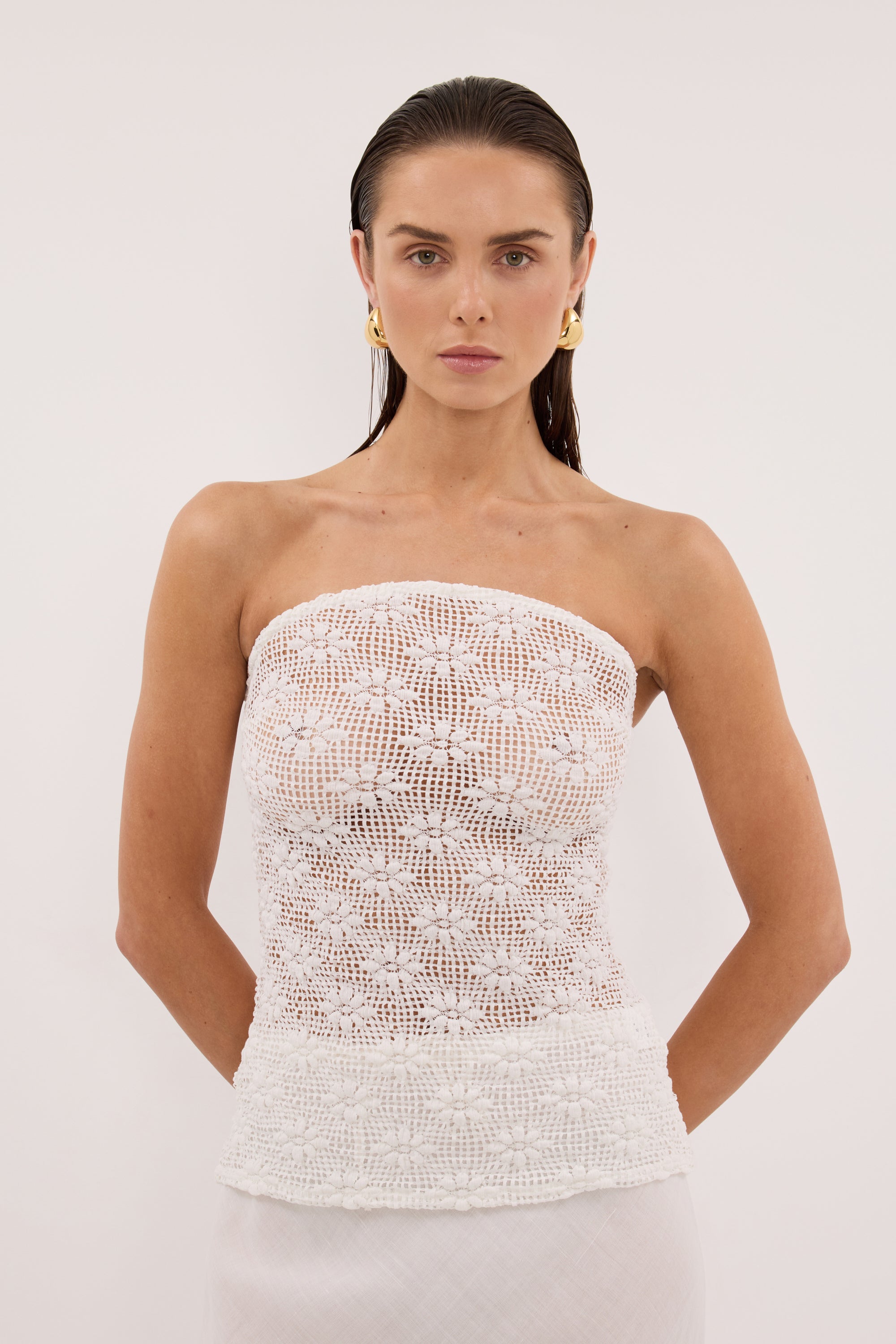 ベアトップ/チューブトップ HYKE WHITE STITCH STRAPLESS TOP DENIM STRAPLESS TOP-デニムストラップレストップ-HYKE（ハイク）通販