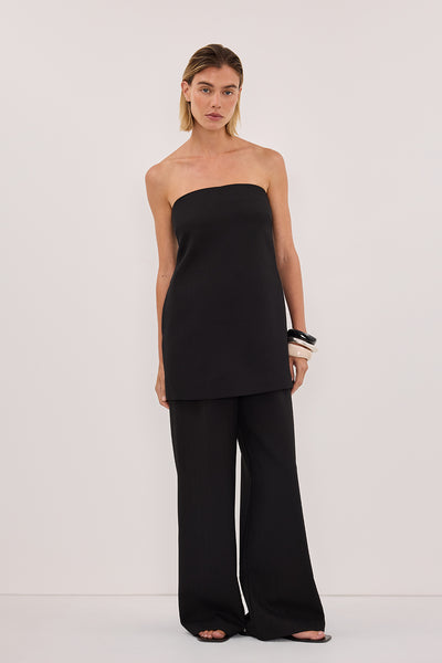Joanna wearing CYRUS BLACK STRAPLESS TUNIC TOP