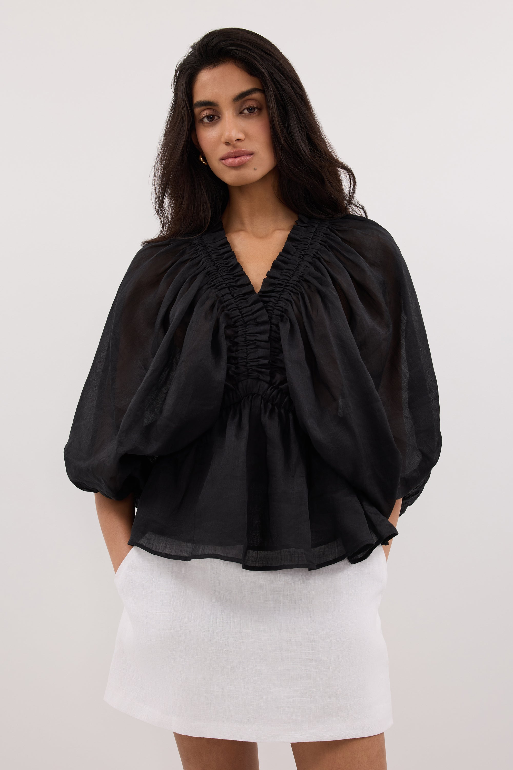 BRIELLE BLACK RAMI SLEEVED TOP – DISSH