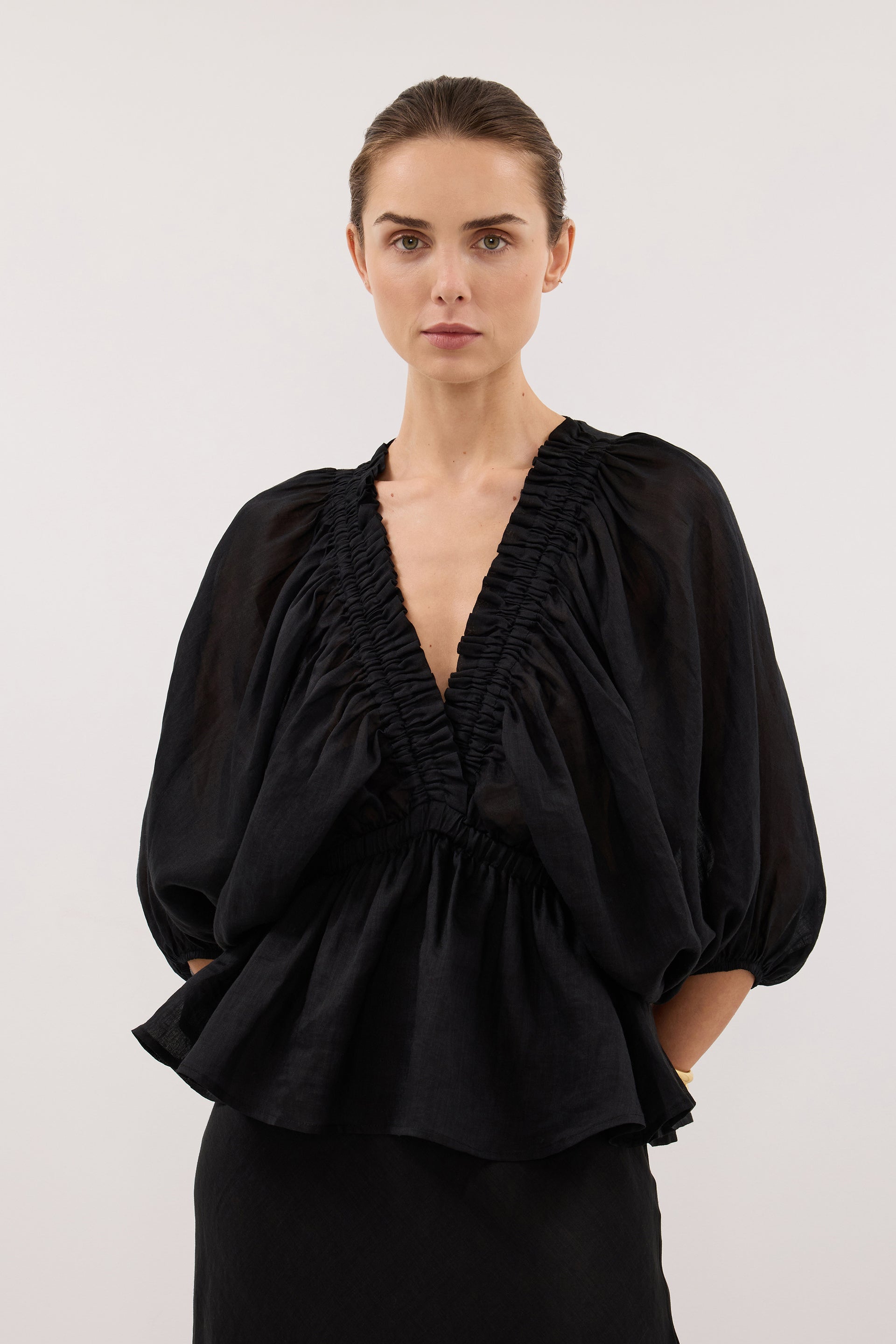 BRIELLE BLACK RAMI SLEEVED TOP – DISSH
