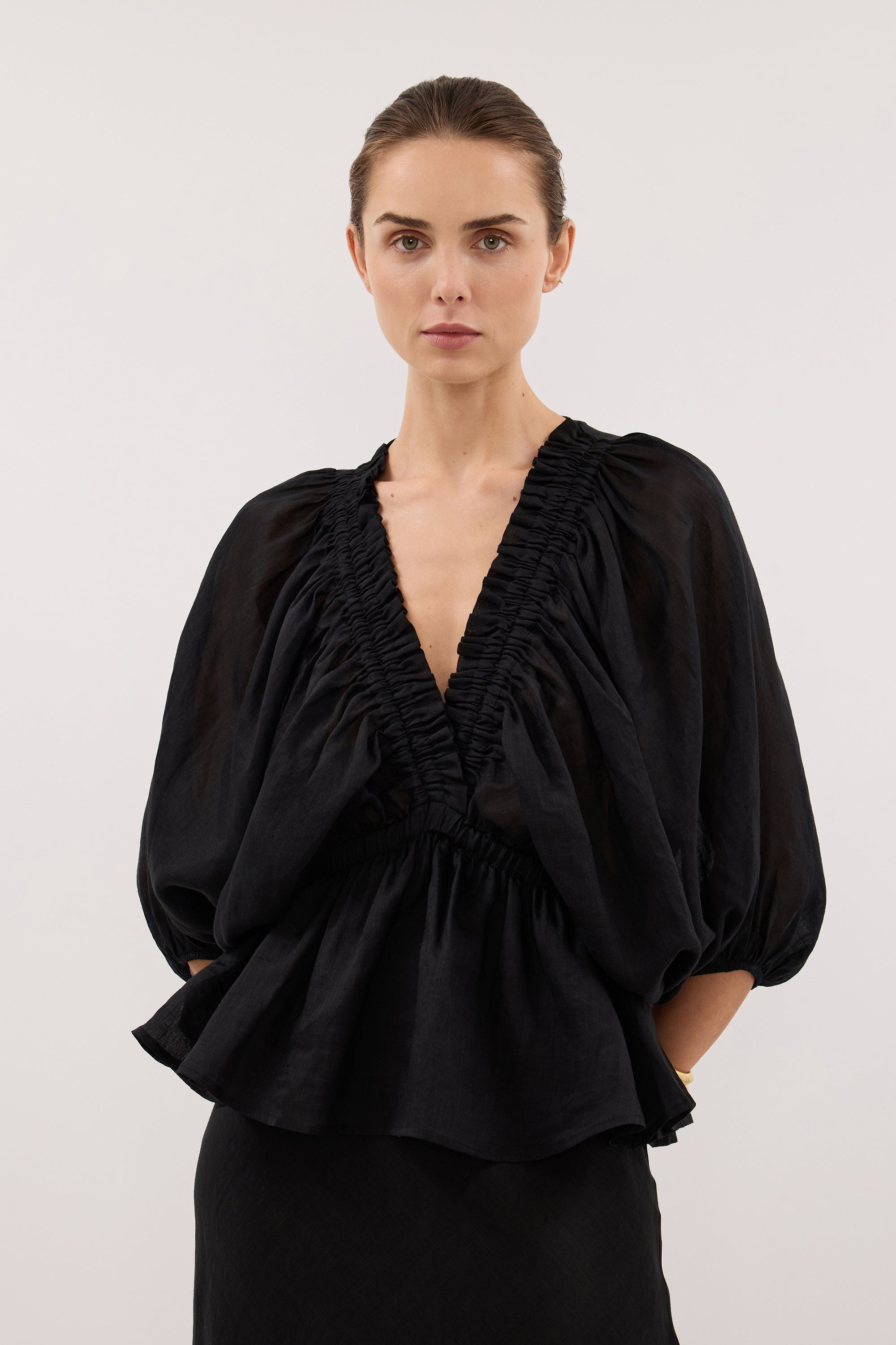 BRIELLE BLACK RAMIE LONG SLEEVE TOP