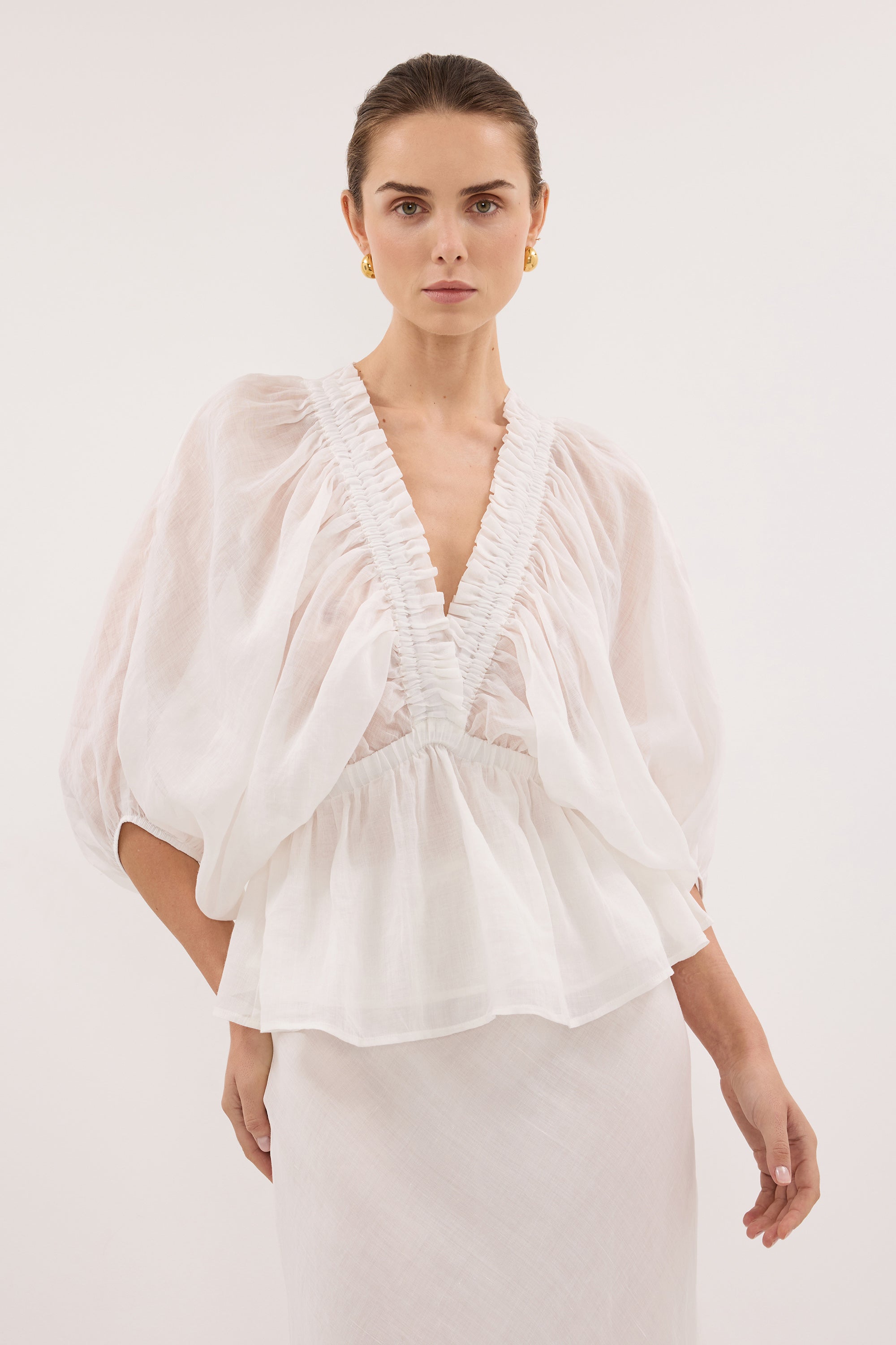 BRIELLE WHITE RAMIE LONG SLEEVE TOP