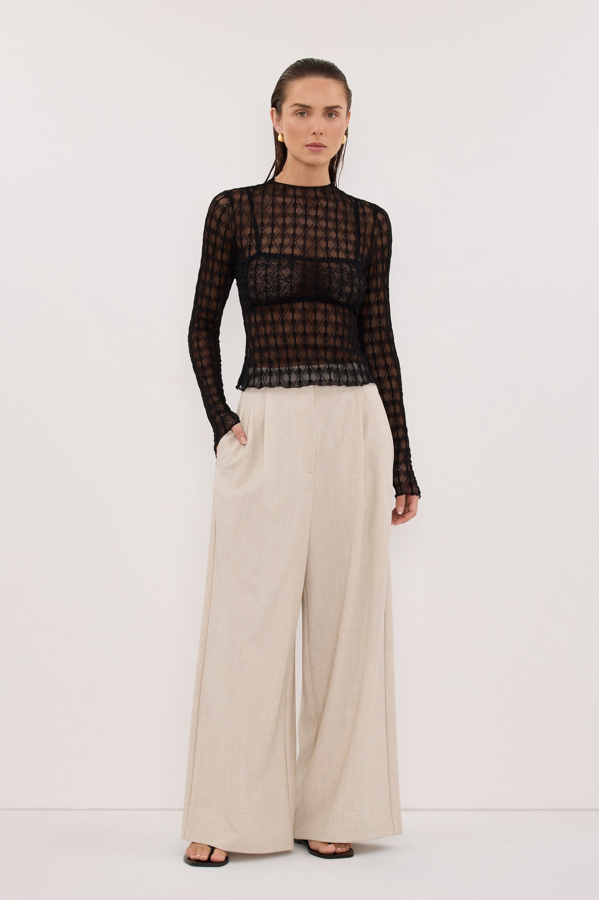 Leia Long Sleeve Lace Knit Top in Black By DISSH