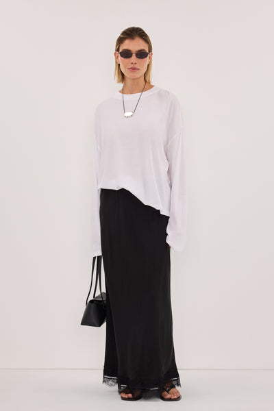 Joanna wearing SLOANE WHITE LONG SLEEVE CREW KNIT TOP