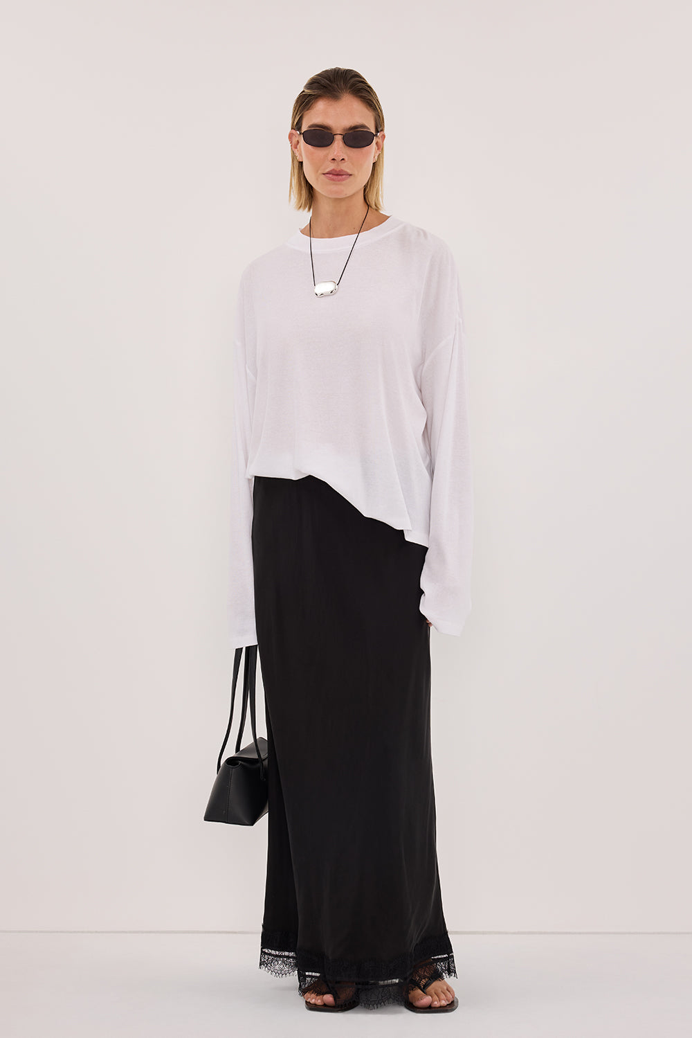 white long sleeve dress top Sloane Long Sleeve Crew Knit Top in White By DISSH